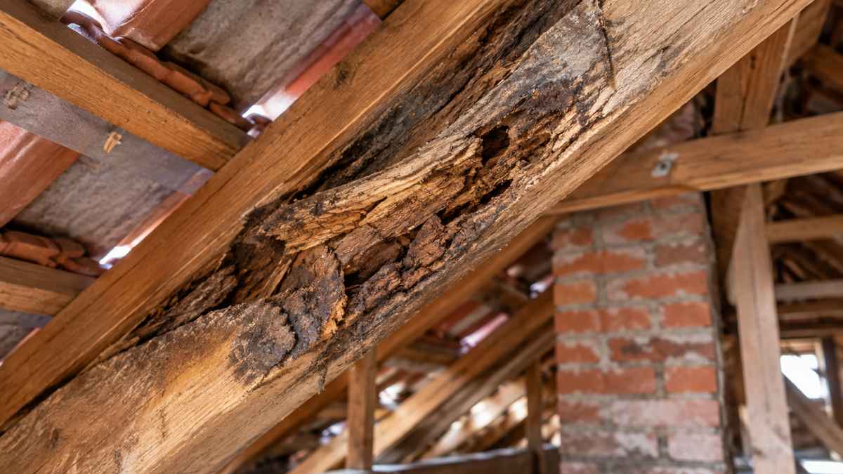 Korhadt szarufa és gyenge tetőszerkezet Korhadt szarufa és sérült fa tetőszerkezet padlástérben