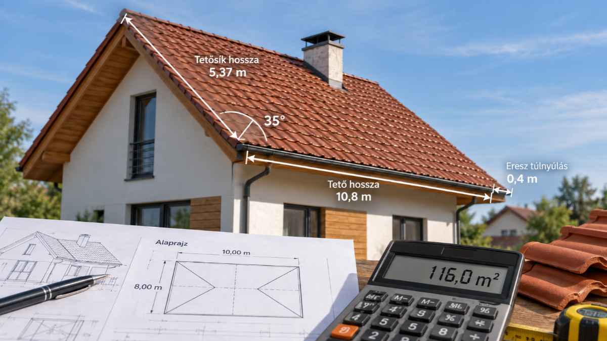 Tetőfelület számítás családi házon Tetőfelület számítás nyeregtetős családi házon méretekkel és hajlásszöggel